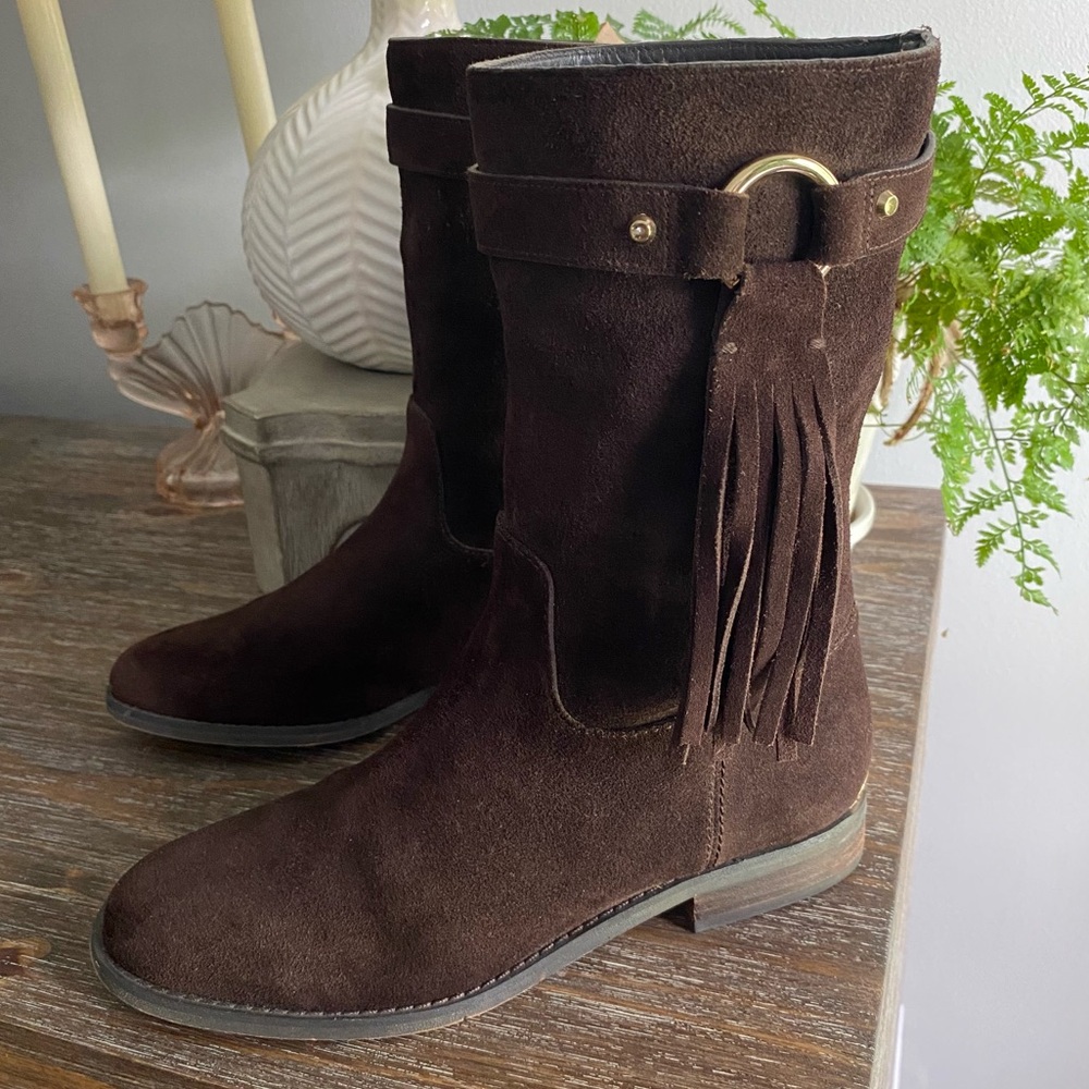 Michael Kors Rhea Suede Leather Fringe Pull On Moccasin Mid Calf Boots Women 7.5 - Picture 2 of 13